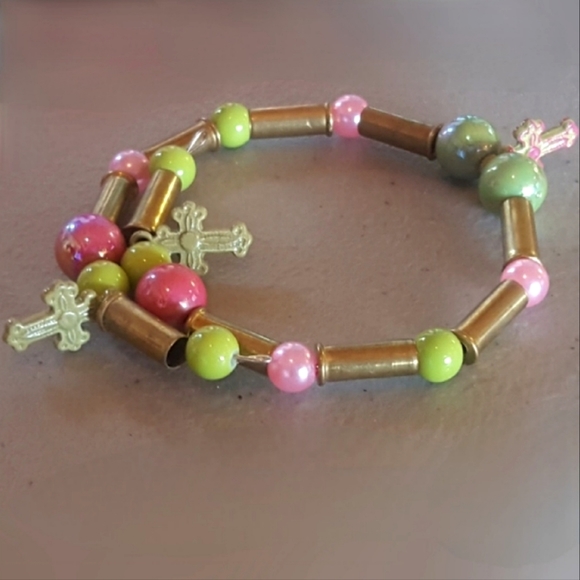 Brass 22 bullet casings Pink mint green beads cross charm wire wrap bracelet NWT - Picture 1 of 16